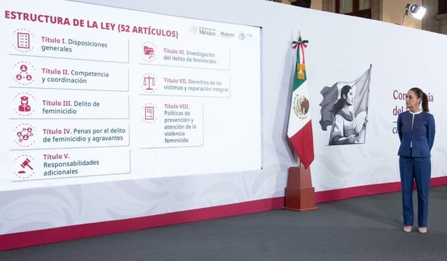 Claudia Sheinbaum presenta la iniciativa de Ley General para unificar castigos e investigaciones por feminicidio en México.