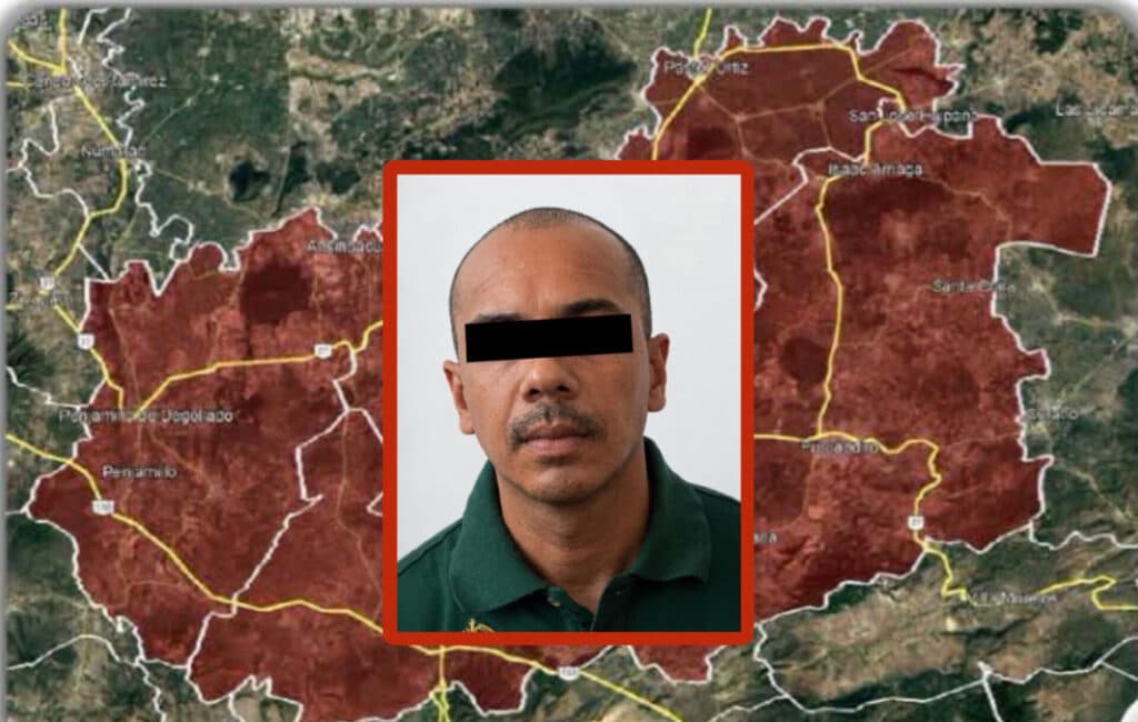 Detención de Manuel Alejandro “N”, alias “El Señor de la T”, coordinador del CJNG en Michoacán, sobre un mapa de la región.